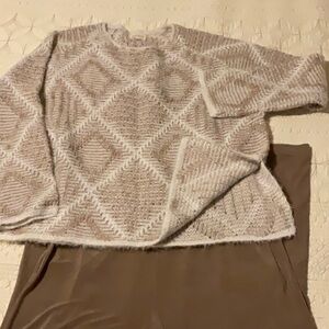 Chico's Tan Wide Leg Pants paired with fun cozy greige metallic accent sweater!